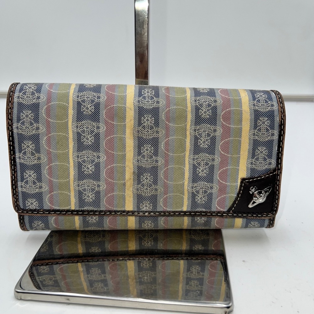 Vivienne Westwood Orb Monogram Striped Canvas Leather Trim Long Wallet